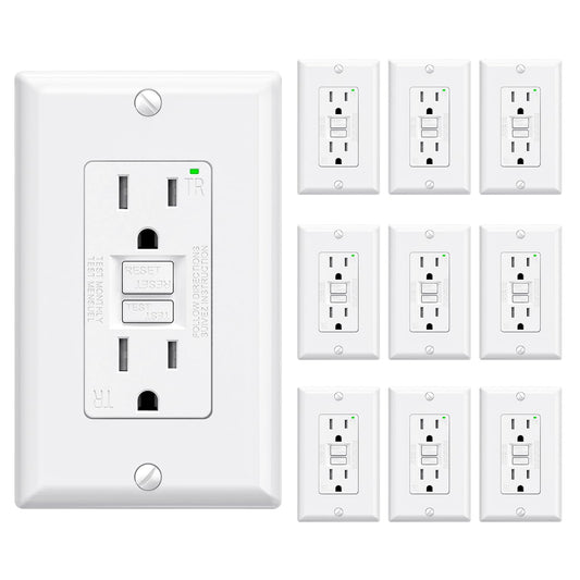 ELEGRP GFCI Outlet 15 Amp, Self-Test GFI Electrical Outlet with Narrow Design, Tamper Resistant GFCI Receptacle with LED Indicator, UL Listed, White, Wall Plate Included, 10 Pack