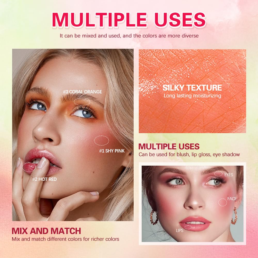 Blush Stick Waterproof Matte Finish Long Lasting Pink Red Cheek Lip Make-up Multi Lip Tint Stick Highlighter High Pigment Rouge Blush for Women Lady Daily Lip Cheek Makeup (1#shy pink)