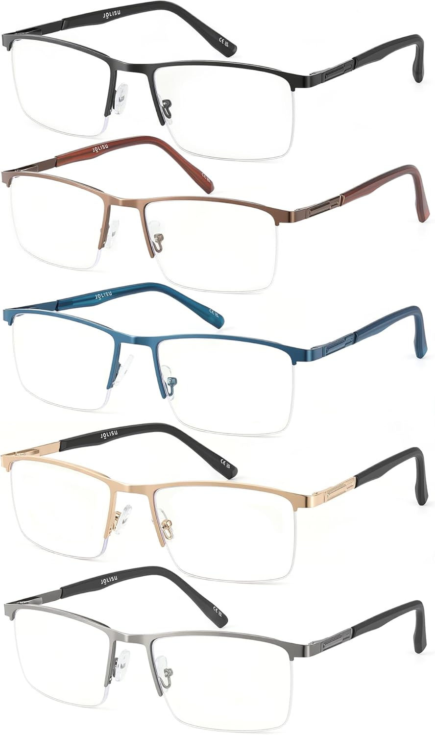 JOLISU 5 Pack Reading Glasses for Men Women, Blue Light Blocking Computer Readers, Metal Half Frame Spring Hinge