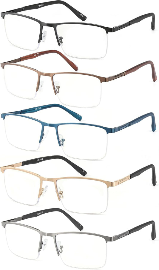 JOLISU 5 Pack Reading Glasses for Men Women, Blue Light Blocking Computer Readers, Metal Half Frame Spring Hinge
