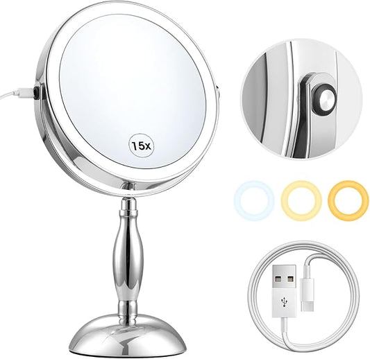 Lighted Makeup Mirror, Rechargeable 8" 3 Color Vanity Mirror, 15x Magnifying Mirror with Brightness Adjustable, 360Â° Rotation Double Sided Desk Mirror, STC- Side Charging & Side Touch Switch