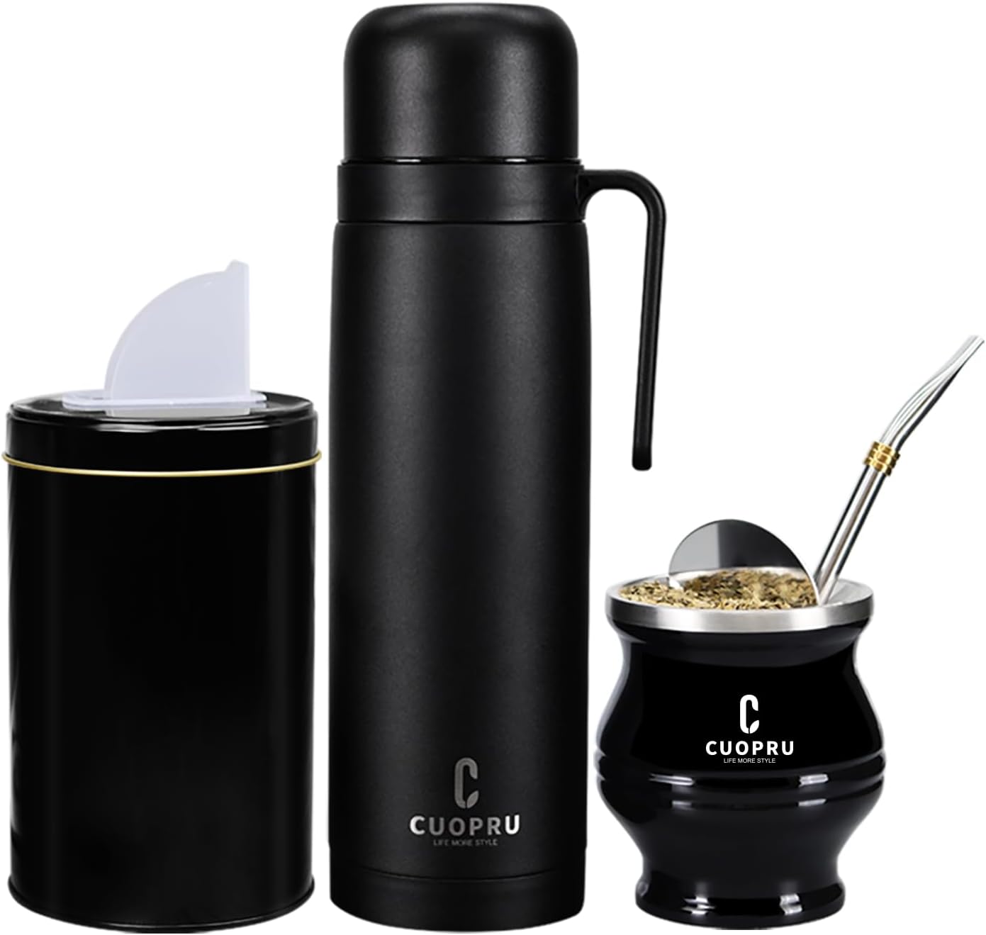Cuopru Premium Stainless Steel Yerba Mate Kit, Gourd, 33.8oz Insulated Bottle, Container, Bombilla, Cleaning Brush, Tea Filter Set, Matte Black