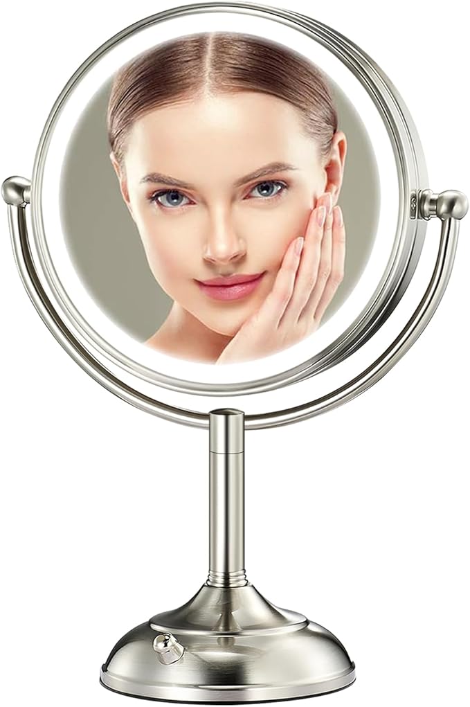 Professional 8.5" Large Lighted Makeup Mirror with Brighter Lights, 1X/10X True HD Magnifying Mirror with 3 Color Dimmable Lights, 90 Shadowless LEDs, 360Â°Swivel Seamless Vanity Mirror, Pearl Nickel