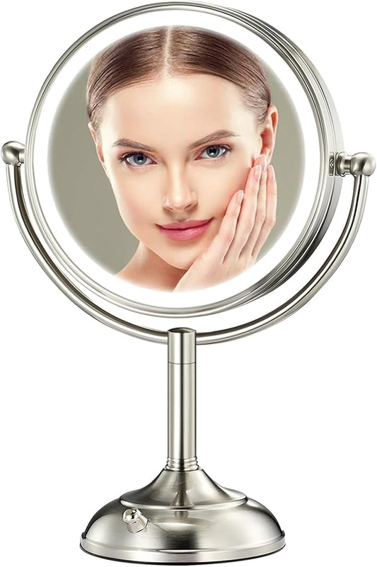 Professional 8.5" Large Lighted Makeup Mirror with Brighter Lights, 1X/10X True HD Magnifying Mirror with 3 Color Dimmable Lights, 90 Shadowless LEDs, 360Â°Swivel Seamless Vanity Mirror, Pearl Nickel