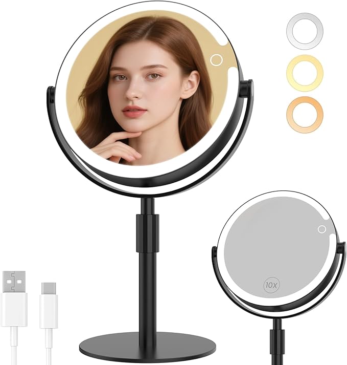 Makeup Mirror with Lights, 8" Double Sided 1x/10x Magnifying Vanity Mirror with 3 Color Lights, Rechargeable, 360Â° Rotation and Adjustable Height, Gift for Women Her