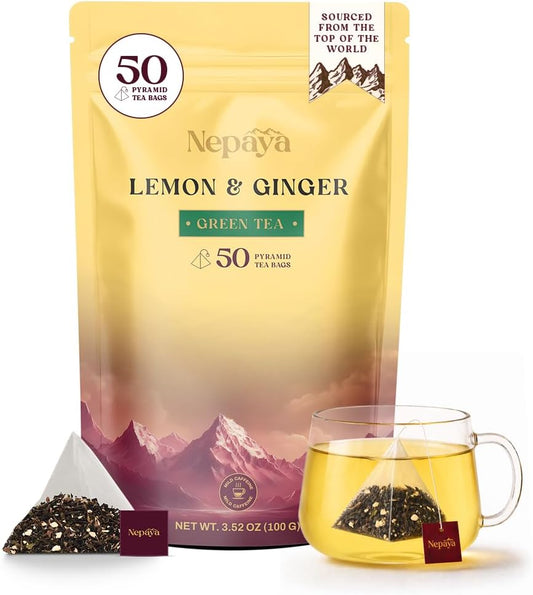 Nepaya Lemon Ginger Green Tea Bags – 50 Biodegradable Pyramid Teabags, Low Caffeine, Fruity Citrus Flavor with Zesty Lemon & Spicy Ginger, Premium High-Grown Nepal Green Tea