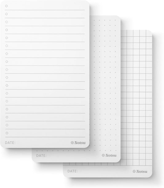 Notsu Assorted 3x5 Notepad Refills (3 Pack) | Mixed Dot Grid, Graph, Checklist Pocket Note Pads | 120gsm Heavyweight Paper | 60 Writing Pages Per Pad | Seamless Header-Free