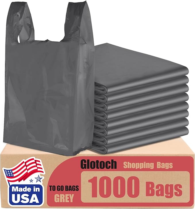 Glotoch 1000 Count - Plastic T-shirt Bags Grey (Plain), 11.5" x 6.5" x 21" Grocery Bags with Handles for Restaurant, Retail, Grocery Store, Takeout, Convenience Stores, Shopping Bag in Bulk