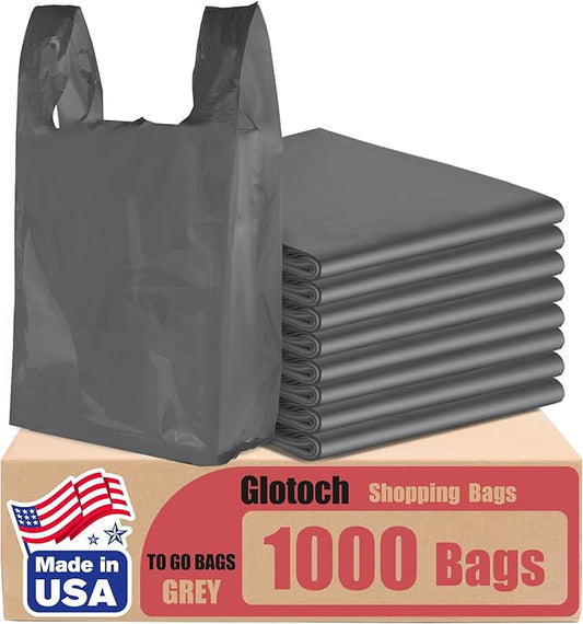 Glotoch 1000 Count - Plastic T-shirt Bags Grey (Plain), 11.5" x 6.5" x 21" Grocery Bags with Handles for Restaurant, Retail, Grocery Store, Takeout, Convenience Stores, Shopping Bag in Bulk