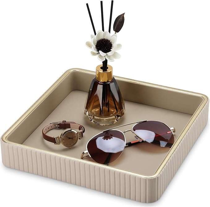 GORESE Square Perfume Tray Nightstand Organizer, PU Leather Purse Bowl Jewelry Trays for Dresser, Trinket Dish Catchall Bowl for Keys, Decorative Vanity Tray, Gift for Women, Beige(9.3'' Ã 9.3'')