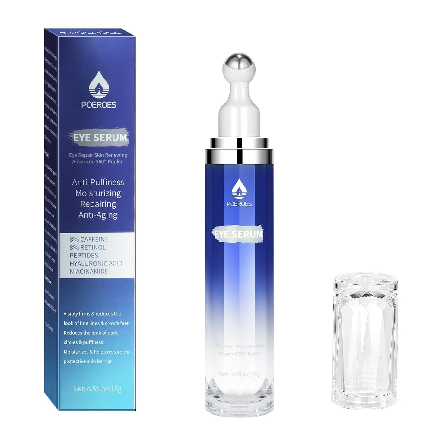 Eye Serum with 8% Caffeine 8% Retinol Hyaluronic Acid Niacinamide peptides for Puffy Eye Bags Fine Lines Dark Circles Wrinkles, Under Eye Cream with 360Â° Eye Roller Massage Ball, 0.5 fl. oz