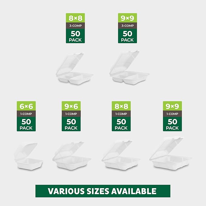 Freshware Clamshell Food Containers with Lids [6x6" 100-Pack] Disposable To Go Containers, Biodegradable Sugarcane To Go Boxes - Paper Container - Microwave & Freezer Safe, Stackable