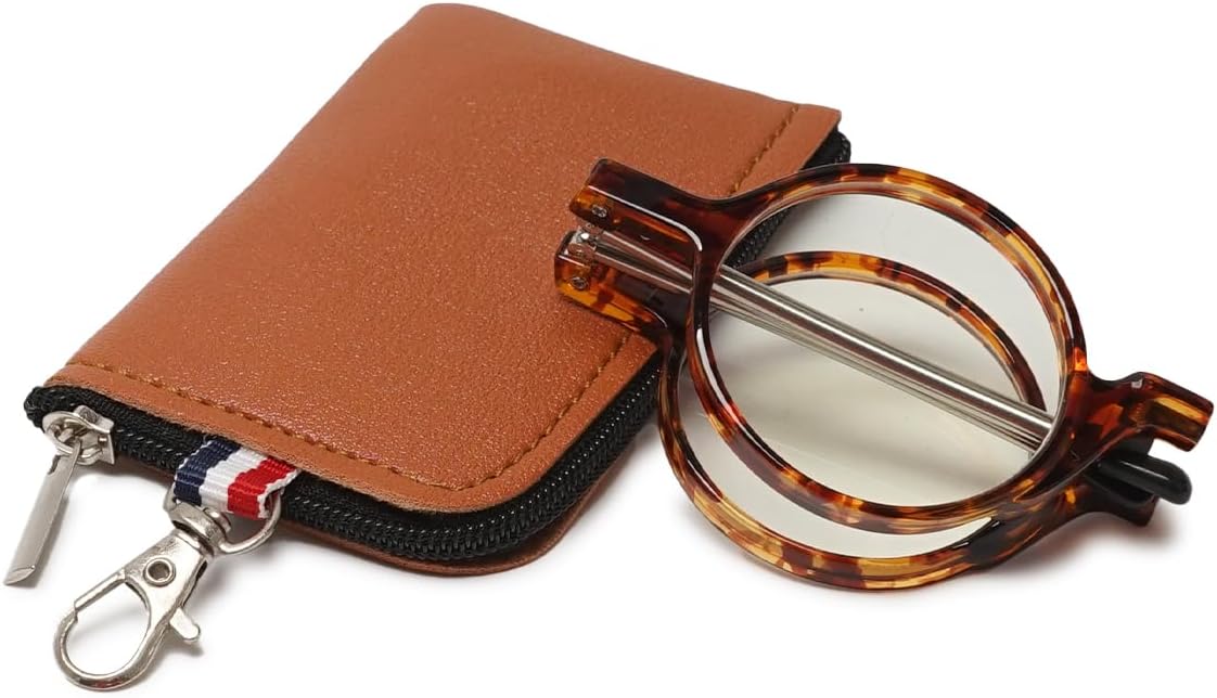 Folding Reading Glasses Men Women Round Portable Blue Light Readers Pocket Wallet Eyeglasses w/Zipper Case