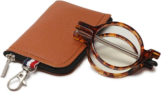 Folding Reading Glasses Men Women Round Portable Blue Light Readers Pocket Wallet Eyeglasses w/Zipper Case