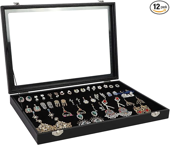 Wudygirl 32 Pairs Jewelry Organizer Velvet Jewelry Tray Clear Lid Earring HolderOrganizer Jewelry Box Earrings Holder Display Case Stackableï¼Earring Storageï¼