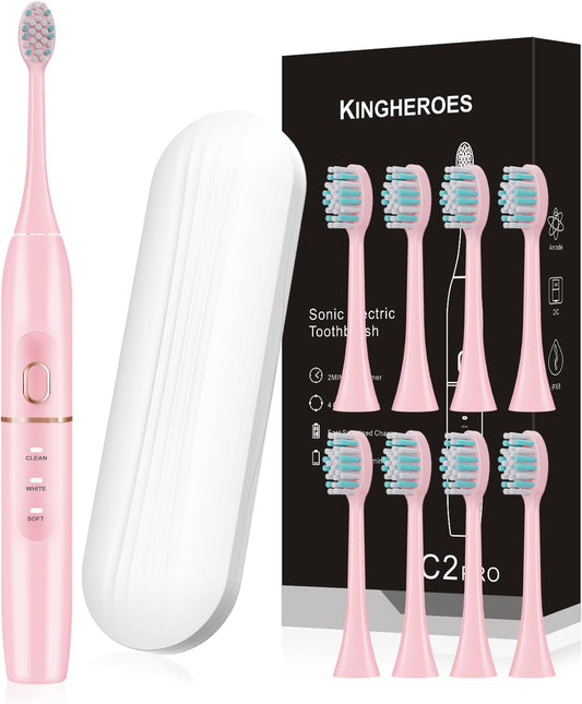 kingheroes Electric Toothbrush Set, Comes with 8 Brush Heads & Travel Case,4 Modes with 2 Minutes Built in Smart Timer, One Charge for 60 Days, 42000 VPM Motor (Pink)