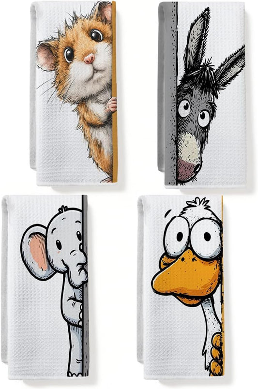 4 Pcs Funny Hamster Donkey Kitchen Towels Cute Elephant Duck Decorative Dish Tea Towels for Farmhouse Kitchen Bathroom Home Decor, Waffle Hand Towel, Animal Lover Gifts for Women Friend 14x24 Inches