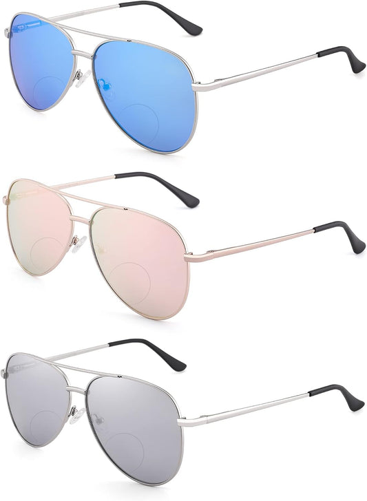 3 Pack Bifocal Reading Sunglasses for Women Men, Aviator Sun Readers Glasses Mirrored Shades UV400 +1.50
