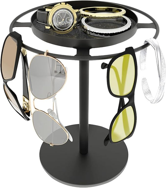 LSK Metal Sunglasses Organizer, Glasses Holder Stand with Storage Tray, Eyeglasses Holder with Anti-Slip Pads for Tabletop, Desk, Dresser, Matte Black