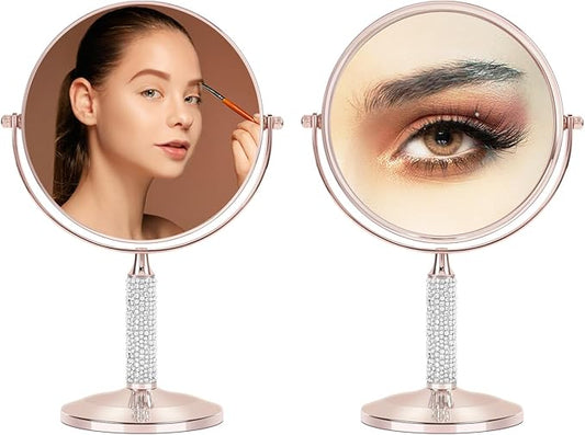 7"Rose Gold Glitter Diamond Rhinestone Makeup Mirror,360Â°Rotate Round Tabletop Vanity Mirror Double Sided 1X/10X HD Undistorted Magnifying Mirror,Portable Vanity Women Gift (No Lamp Rose Gold)