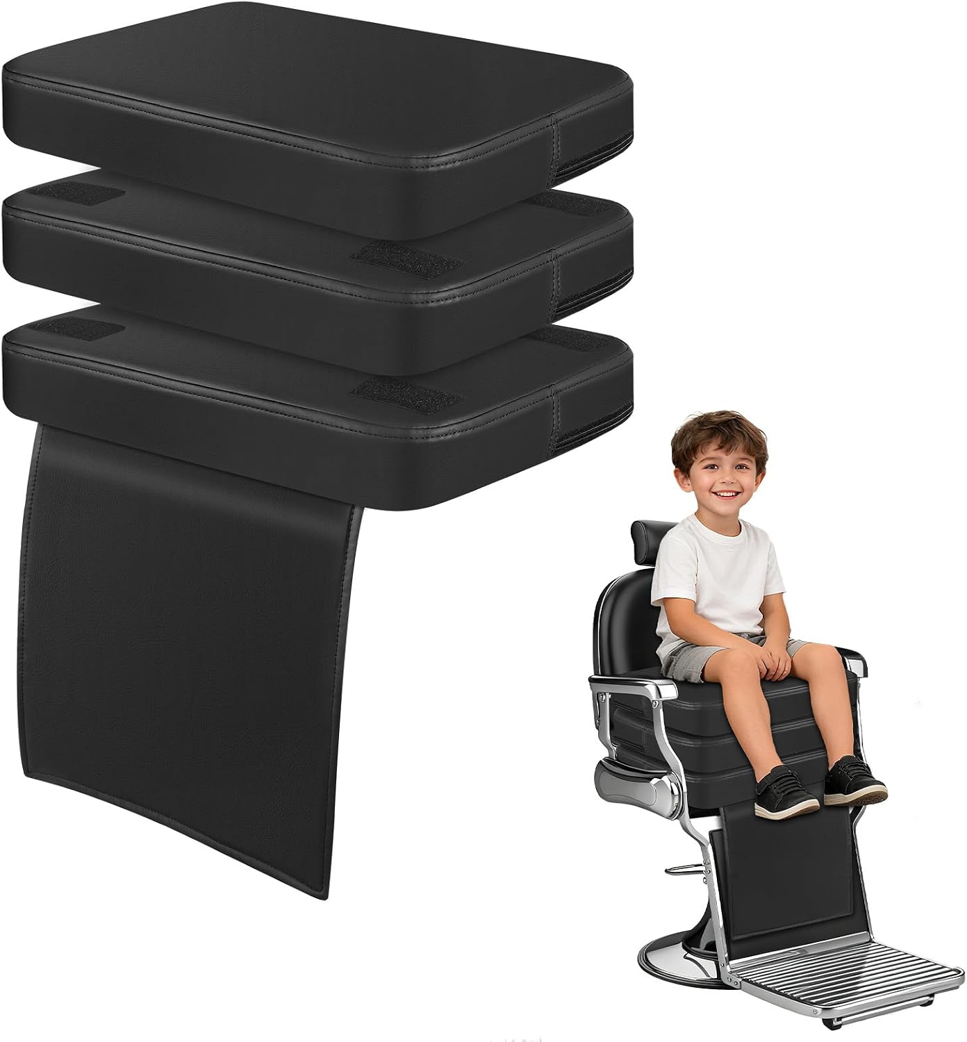 Barber Booster Seat for Kids, 18 x 13 x 7 in 3-Layer Adjustable Children Salon Booster Seat for Hair Cutting with 45D High-Density Sponge, Leather Styling Chair Booster Cushion for Salon, Dinner Table