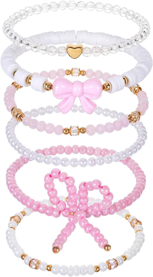 Larrel Pink Bow Bracelet Set for Women, 6 Pcs Stackable Beaded Stretch Bracelets with Bow Charm, Aesthetic Pink Jewelry Gift for Women Girls for Birthday Christmas Valentine's Day