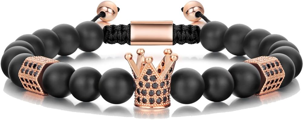 SEVENSTONE 8mm Crown King Charm Bracelet for Men Women Black Matte Onyx Stone Beads, 7.5"