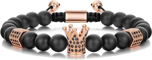 SEVENSTONE 8mm Crown King Charm Bracelet for Men Women Black Matte Onyx Stone Beads, 7.5"
