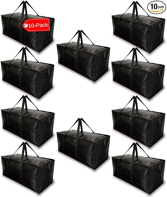 BAG-THAT! 10 - Pack Heavy Duty Large Moving Bag with Strong Zipper and Comfortable Handles Durable & Sturdy Large Storage Bags Totes Bins Packing Moving Boxes College Supplies for Packing