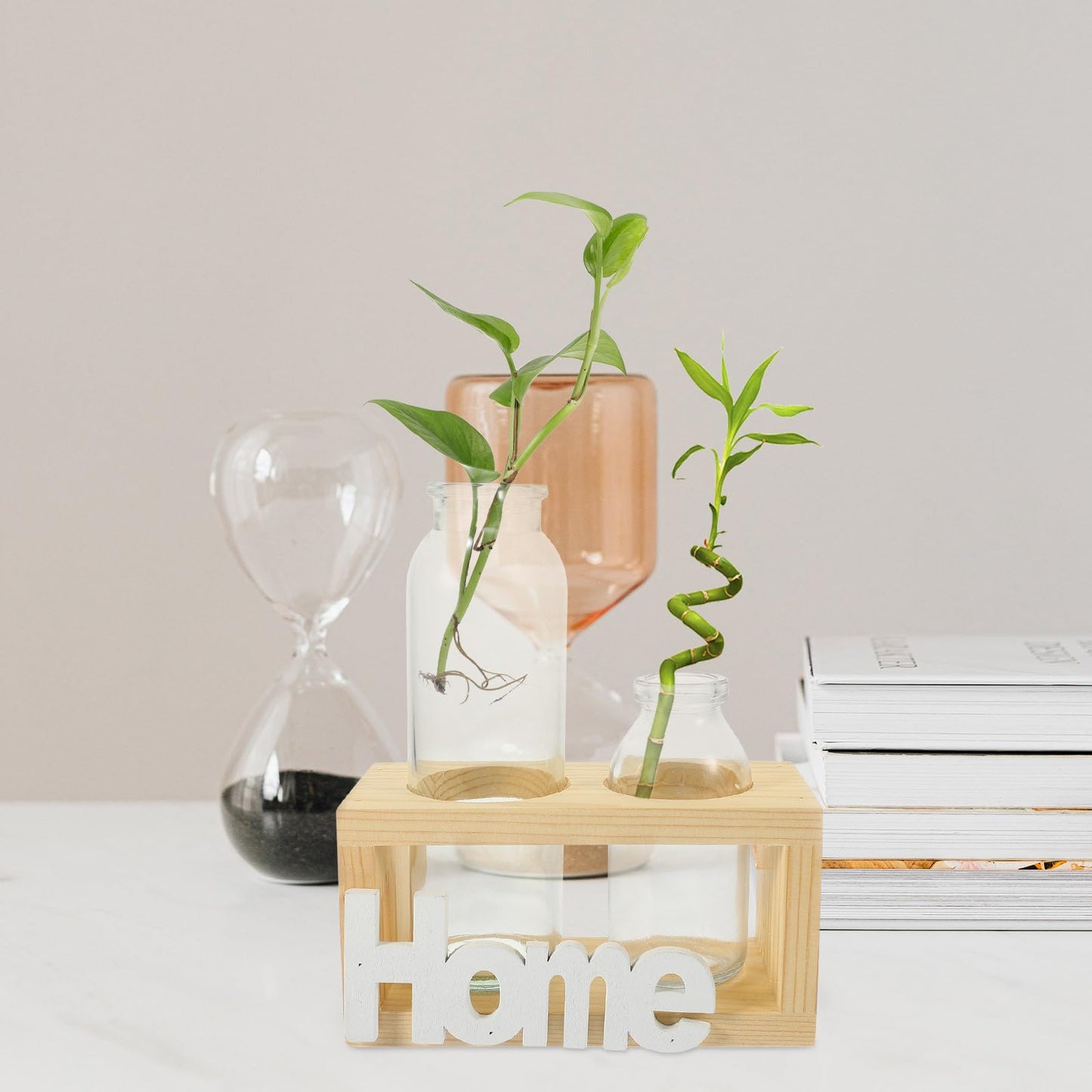 PRETYZOOM Glass Vase with Wooden Stand, Hydroponic Plant Terrarium Planter for Indoor Home Décor, Nordic Style Tabletop Glass Planter Set with 2 Vases for Water Propagation