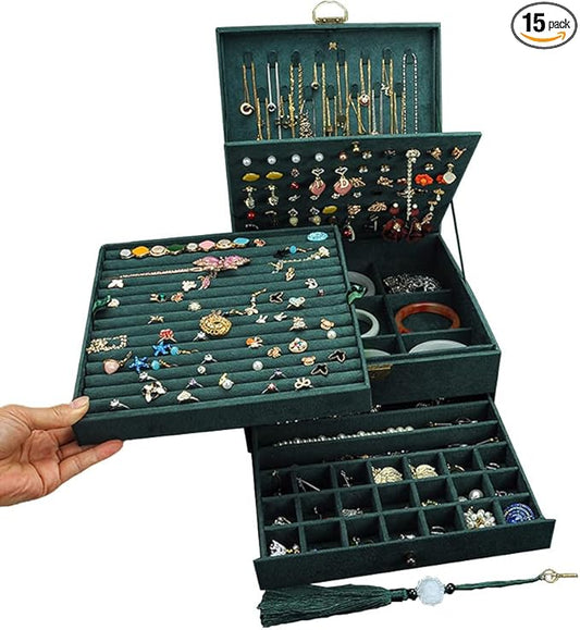 Jewelry Organizer 5 Layers Velvet Square Jewelry Box Women Necklace Ear studs Display Bangles Large Jewelry Storage Case Drawer GY306 (blackish green)