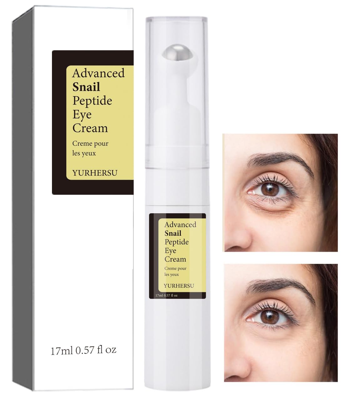 Snail Peptide Under Eye Cream with 73% Snail Mucin & 2% Nicotinamide for Dark Circles, Puffiness & Wrinkles, with 360Â° Massaging Roller Ball, 0.57 fl oz