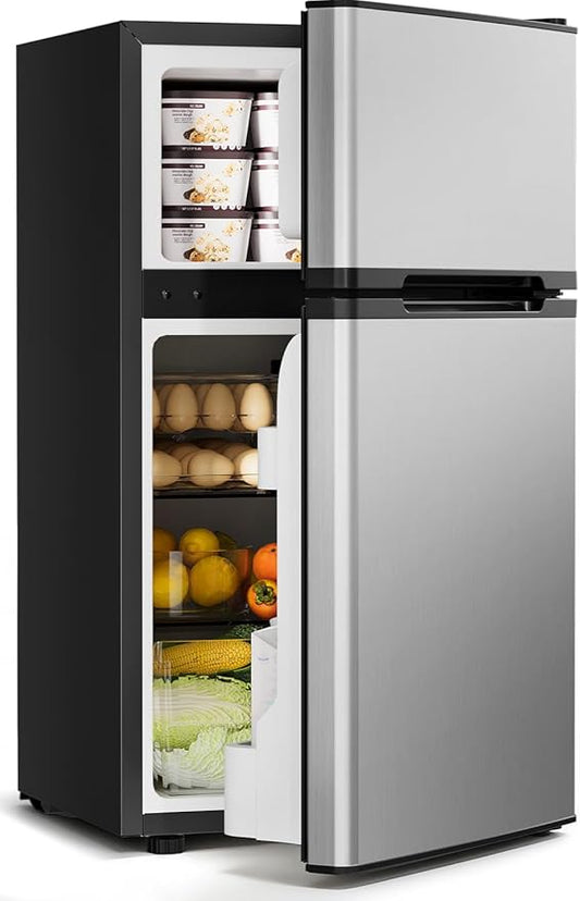 3.2 Cu.Ft Mini Fridge with Freezer - 2 Door Small Refrigerator, Mini Refrigerator with Adjustable Thermostat, Removable Shelves, Mini Fridge for Bedroom, Office, Dorm, Apartment, Silver