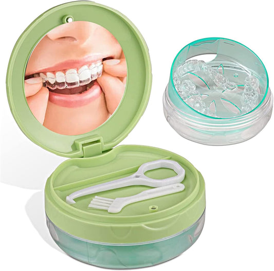 Denture Box Leak-Proof Dental Retainer Case, Portable Denture Bath with Mirror, Removal Tool and Extra Storage Layer, Denture Case Perfect for Traveling and Daily Use (Green)
