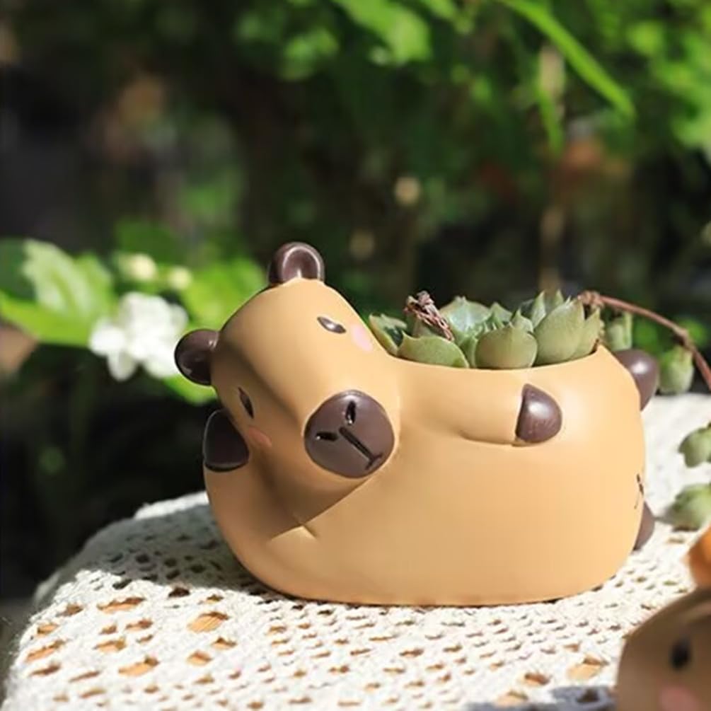 SPEALLOY Capybara Resin Succulent Planter Set of 2 - Mini Garden Decor with Drainage Holes (4.1"x2.75", for Plant Lovers)