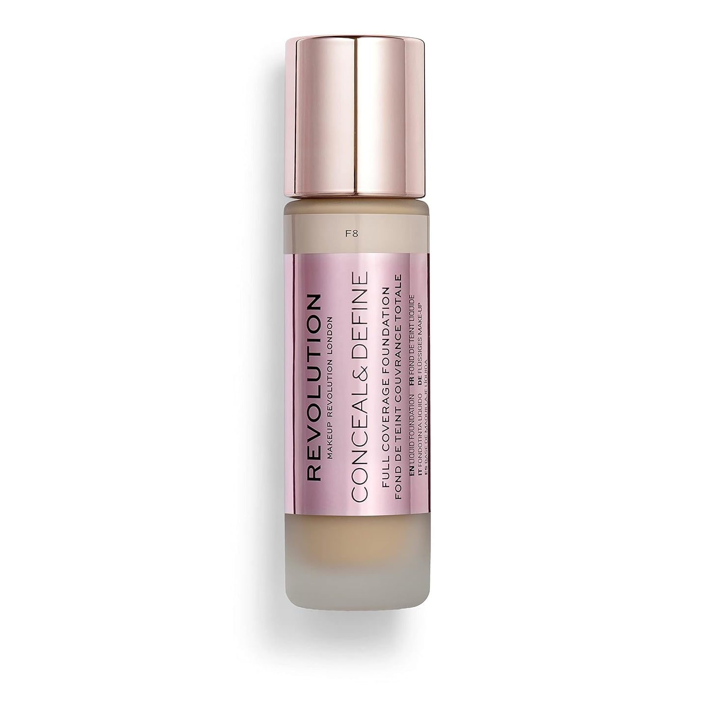 Makeup Revolution Conceal & Define Foundation, Cream Foundation Makeup, Full Coverage, For Light/Medium Skin Tones, Vegan & Cruelty-Free, F8, 23ml