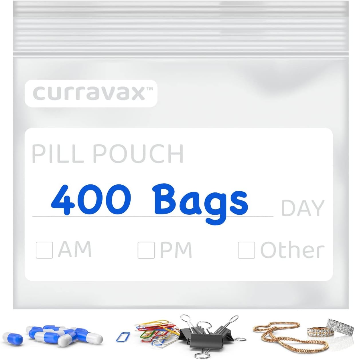 Pill Bags for Travel Pill Pouch Organizer Pack of 400 BPA Free 3 x 2.75 inch Pill Pouches for Medicine Reusable with Write on Label & Waterproof Zipper Seal AM PM Pill Baggies for Vitamins by CURRAVAX