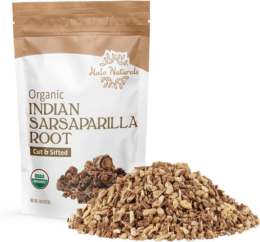 Halo Naturals Organic Sarsaparilla Root Cut & Sifted (Indian), 4 Ounces (Hemidesmus indicus) USDA Certified | Resealable Pouch| Packaged in The USA