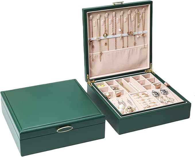 2-layer jewelry boxï¼Jewelry Organizer with Handleï¼with hanging necklace hooks, detachable jewelry trays, suitable for storing a large amount of jewelry gift box (Large-Green)
