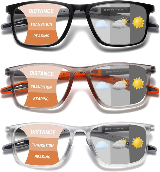 Hubeye Photochromic Progressive Reading Glasses for Men and Women Ultralight Flexible Anti-Blue Light Readers（Clear+Black+Orange，+2.5）