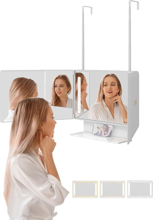 Dripex 3 Way Mirror with Storage Shelf and 3 Color LED Lights, Rechargeable Trifold Self Haircut 360Â° Mirror with Height Adjustable Hooks, for Makeup, Styling, Shaving, Braiding, Dye Hair (White)