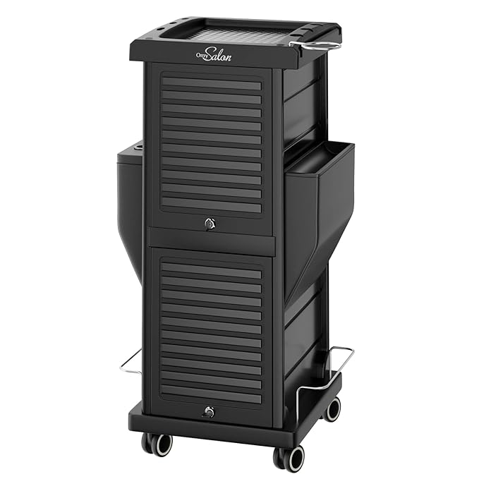 OmySalon Salon Trolley with Lock 6 Drawers, Hot Tools Holder, Hair Cart Organizer w/Wheels, Salon Rolling Cart for Barber Hairdresser Cosmetology Lockable Stylist Storage Station