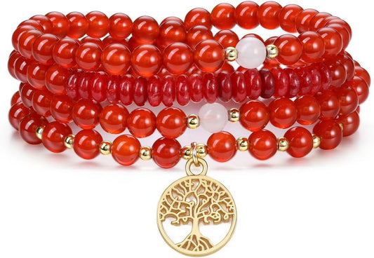 Jovivi 108 Mala Beads Bracelet Necklace, Natural Healing Crystal Stones Prayer Beads Yoga Meditation Gemstone Necklace Gold Copper Tree Life Pendant