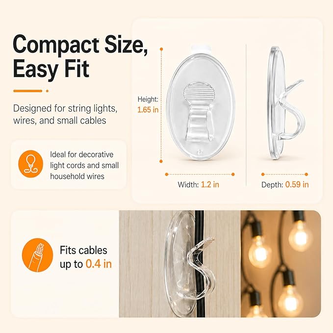 Hooks Lights Clips Outdoor String - 3X Stronger Adhesion 40Pcs Clear Heavy Duty Hangers Waterproof Adhesive - Sticky Removable 0 Residue No Drill Indoor Garage - for Patio Fence Gutters Wall Christmas