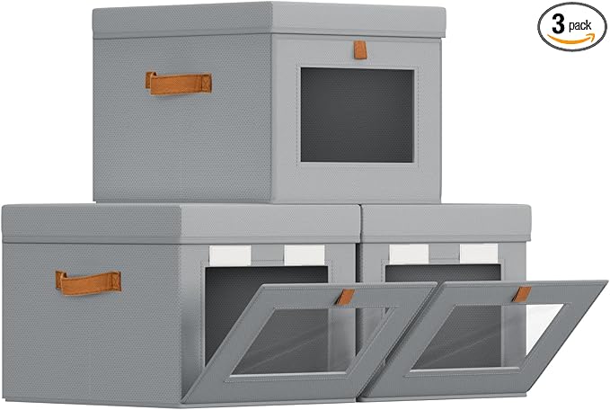 Storage Bins with Lid â Closet Organizer with Side Opening and Clear Window, Foldable Stackable Fabric Basket for Clothes, Home, Office - 13.77" x 11.8" x 9.8", 3 Pack, Grey