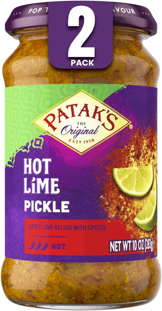 Patak’s Hot Lime Pickle - Authentic Indian Relish w/Lime Dices, Mustard Seeds & Aromatic Spices - Perfect for Sandwiches, Curries, Salads & Cold Meats - Vegan Spicy Pickle - 10oz Jar (Pack of 2)