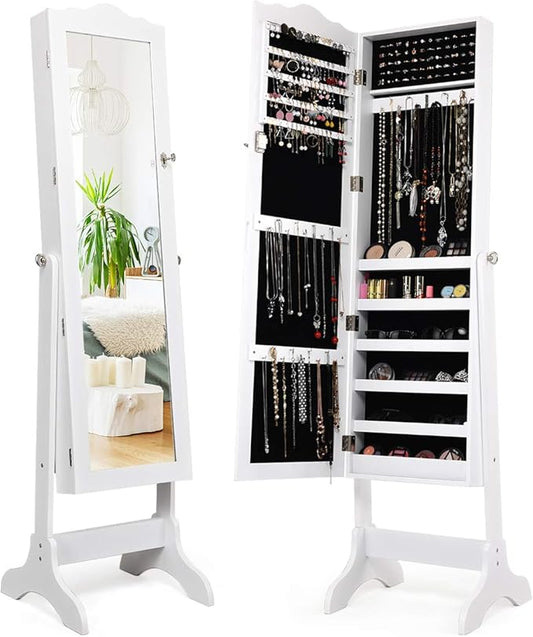 Giantex Jewelry Armoire with Full Length Mirror, Lockable Standing Jewelry Cabinet, Mirror with Jewelry Storage, Ring Earring Necklace Makeup Display, Jewelry Organizer Box for Women Girls (White)