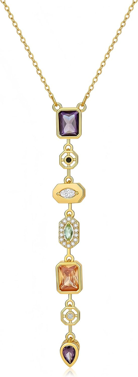 14K Gold Plated Seven Chakra Necklace for Women, Dainty Y Necklace Lariat Drop Pendant, Crystal Healing Yoga Jewelry Gifts