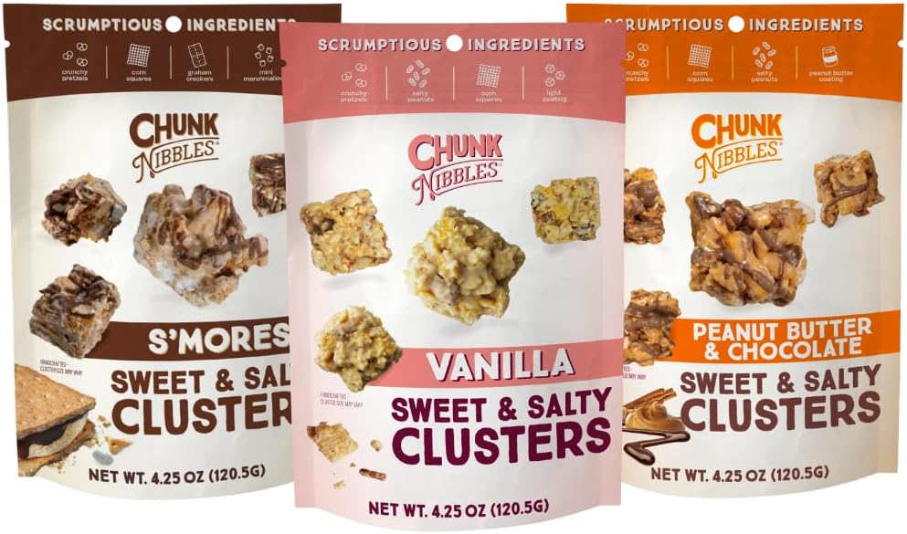 Chunk Nibbles Variety Snack Pack - S'mores, Vanilla, & Peanut Butter Chocolate Clusters - Gourmet Sweet & Salty Treat - Handcrafted, No Artificial Colors - 4.25oz Resealable Pouch (3 Pack)
