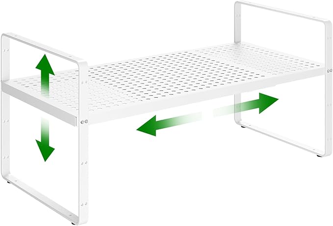 Expandable Kitchen Cabinet Shelf Organizer Rack Heavy Duty Metal Spice Rack Stackable Counter Storage Shelf for Kitchen Cabinet Pantry Bathroom (White - 16.5"-27" L x 10.2" W x 9.6" H - 1Pack)